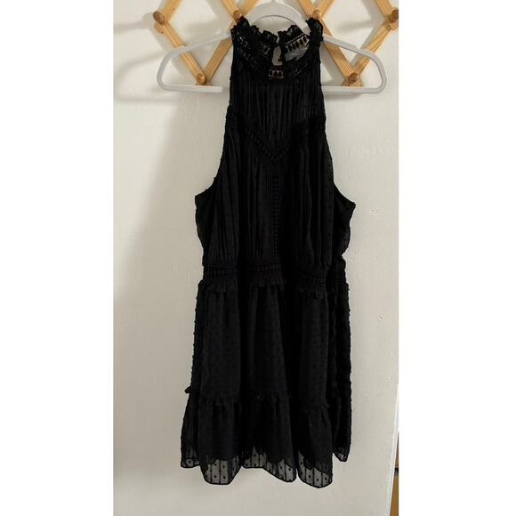 Twelfth Street by Cynthia Vincent Mini Dress 12 Black Eyelet Halter Neck Ruffles - Picture 2 of 15
